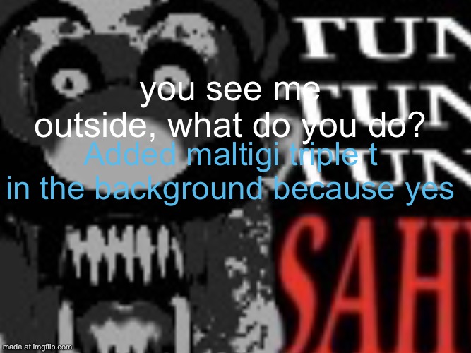 you see me outside, what do you do? Added maltigi triple t in the background because yes | made w/ Imgflip meme maker