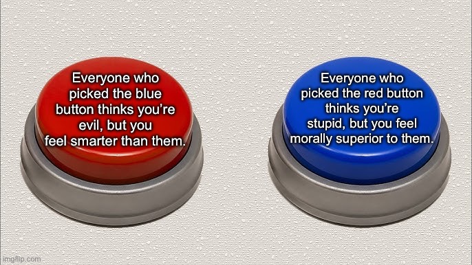 How it actually is | Everyone who picked the red button thinks you’re stupid, but you feel morally superior to them. Everyone who picked the blue button thinks you’re evil, but you feel smarter than them. | image tagged in red button or blue button,expectation vs reality,reality,big red button | made w/ Imgflip meme maker
