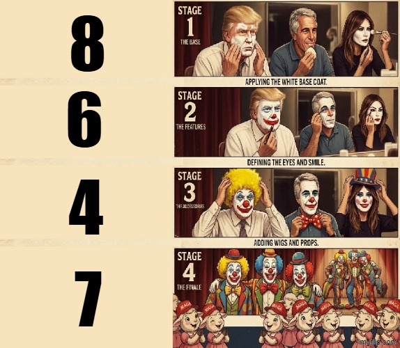 CLOWN APPLYING MAKE-UP | 8 6 4 7 | image tagged in clown applying makeup,donald trump the clown,clown car republicans,jeffrey epstein,melania trump,political meme | made w/ Imgflip meme maker