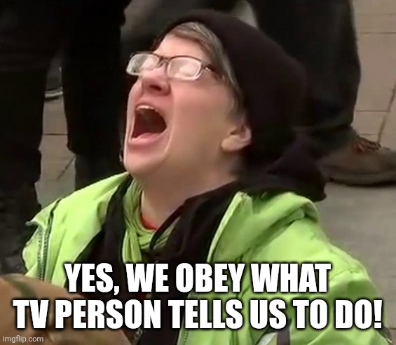 Crying liberal | Yes, we obey what tv person tells us to do! | image tagged in crying liberal | made w/ Imgflip meme maker