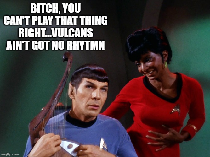 Spock Instrumental | Bitch, you can't play that thing right...vulcans ain't got no rhytmn | image tagged in star trek spock lyre uhura out of tune | made w/ Imgflip meme maker