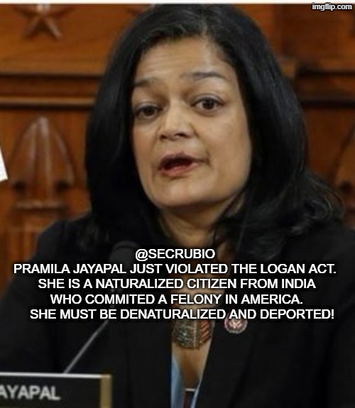 Denaturalize and deport | @SecRubio 
Pramila jayapal just violated the Logan Act. 
She is a naturalized citizen from india who commited a felony in America.
   SHE MUST BE DENATURALIZED AND DEPORTED! | image tagged in sitting democrat congresswoman went to cuba unathorized jfif | made w/ Imgflip meme maker