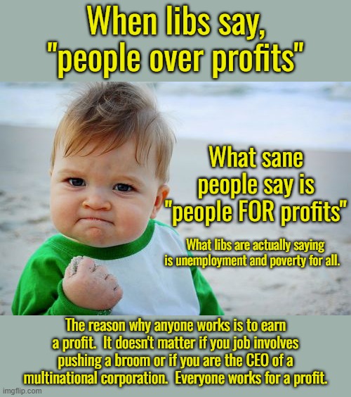 Capitalism is not evil.  People can be evil.  Evil people in capitalism is still vastly superior then good people and socialism. | When libs say,
"people over profits"; What sane people say is
"people FOR profits"; What libs are actually saying is unemployment and poverty for all. The reason why anyone works is to earn a profit.  It doesn't matter if you job involves pushing a broom or if you are the CEO of a multinational corporation.  Everyone works for a profit. | image tagged in people for profits,we are not capitalist anymore,don't call the failings of socialism captialism | made w/ Imgflip meme maker