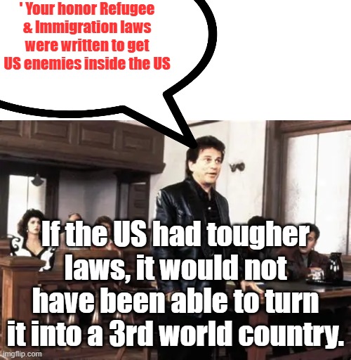 All immigration & refugee policies need rewrote. 1. 20-year BAN on both.US needs to regroup. | ' Your honor Refugee & Immigration laws were written to get US enemies inside the US; If the US had tougher laws, it would not have been able to turn it into a 3rd world country. | made w/ Imgflip meme maker