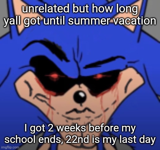 I'm excited for summer bro, let the hell be OVER already then I can go watch TADC be lazy and wait for Deltarune | unrelated but how long yall got until summer vacation; I got 2 weeks before my school ends, 22nd is my last day | image tagged in mog11x | made w/ Imgflip meme maker