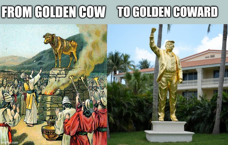 History is repeating itself, people are worshipping a false idol golden statue | From golden cow; To golden coward | image tagged in donald trump,statue,worship,idolatry,blasphemy,scumbag | made w/ Imgflip meme maker