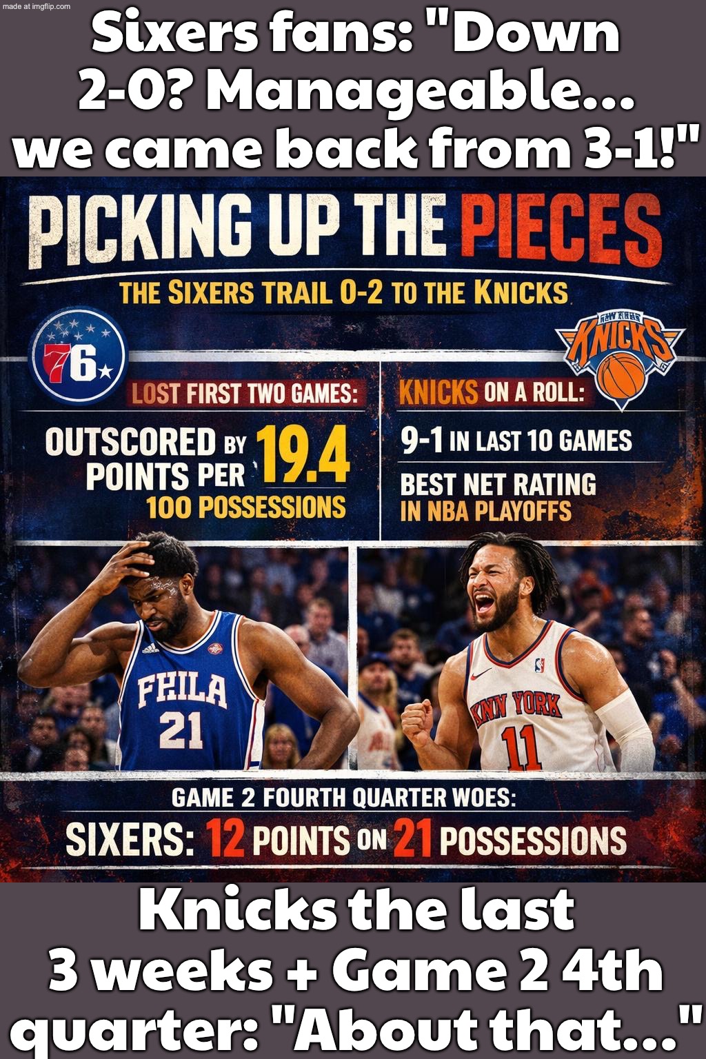 Down 2–0? Manageable… we came back from 3–1 vs the 2 seed; …unless it’s the Knicks: +19.4 per 100 poss. | Sixers fans: "Down 2-0? Manageable… we came back from 3-1!"; Knicks the last 3 weeks + Game 2 4th quarter: "About that…" | image tagged in basketball,remix,new york knicks,basketball meme,nba memes,sports fans | made w/ Imgflip meme maker