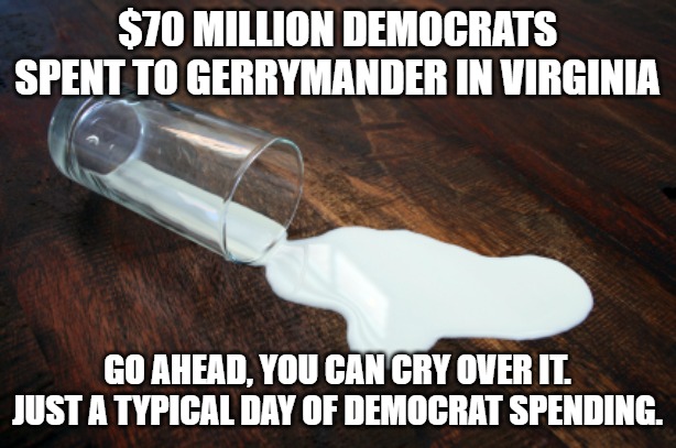 What about the children? What about the illegal aliens? That money could have paid for Learing Centers! | $70 million Democrats spent to Gerrymander in Virginia; Go ahead, you can cry over it. Just a typical day of Democrat spending. | image tagged in spilled milk | made w/ Imgflip meme maker