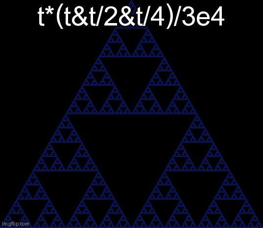 sierpinski triangle | t*(t&t/2&t/4)/3e4 | image tagged in sierpinski triangle | made w/ Imgflip meme maker