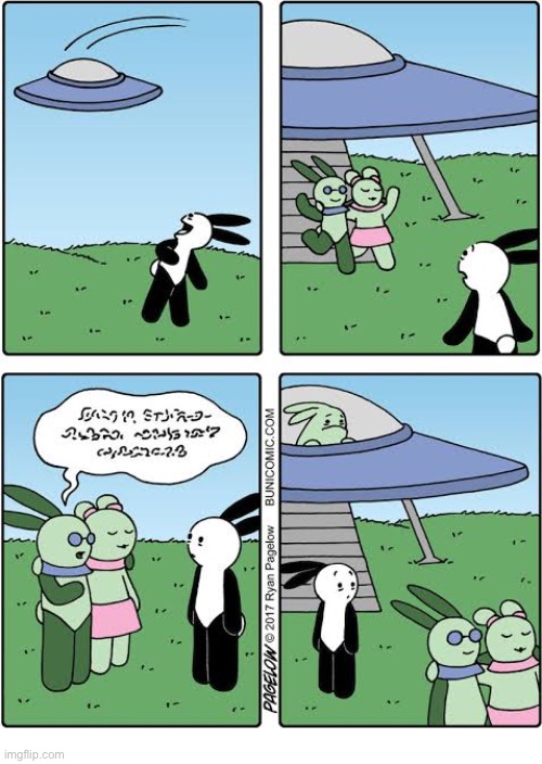 Buni Comics - “Alien Buni” gets the girl | image tagged in comics,buni comics,flying saucer,aliens,green,role reversal | made w/ Imgflip meme maker