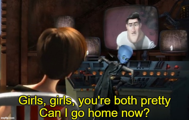 Megamind You're Both Pretty | Girls, girls, you're both pretty Can I go home now? | image tagged in megamind you're both pretty | made w/ Imgflip meme maker