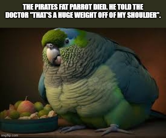 The pirates fat parrot died. He said "that's a huge weight off of my shoulders." | The pirates fat parrot died. He told the doctor "That's a huge weight off of my shoulder". | image tagged in funny,humor,parrot,play on words,pirate,funny meme | made w/ Imgflip meme maker