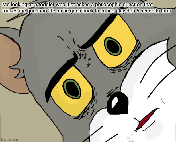 Unsettled Tom Meme | Me looking at a toddler who just asked a philosophic question that makes me question life as he goes back to eating play-doh 5 seconds later | image tagged in memes,unsettled tom | made w/ Imgflip meme maker