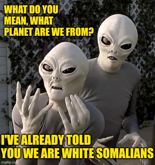 Aliens | What do you mean, What planet are we from? I've already told you we are white somalians | image tagged in aliens | made w/ Imgflip meme maker
