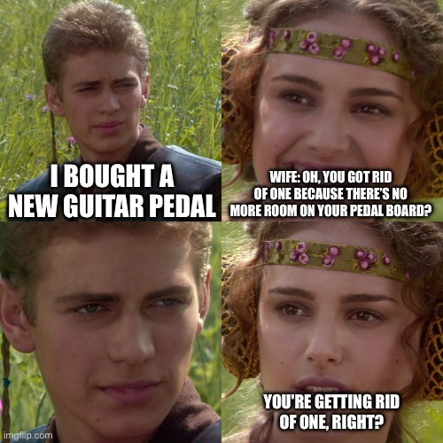 Anakin Padme 4 Panel | I bought a new guitar pedal; Wife: Oh, you got rid of one because there’s no more room on your pedal board? You're getting rid of one, right? | image tagged in anakin padme 4 panel | made w/ Imgflip meme maker