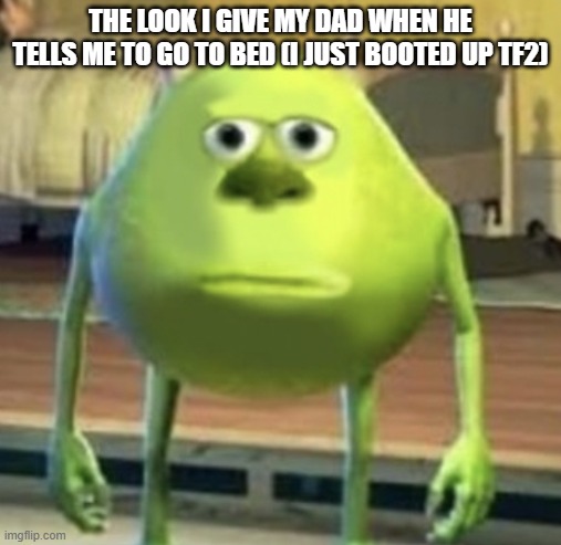 I just want to play some tf2 ;-; | the look I give my dad when he tells me to go to bed (I just booted up tf2) | image tagged in mike wazowski face swap | made w/ Imgflip meme maker