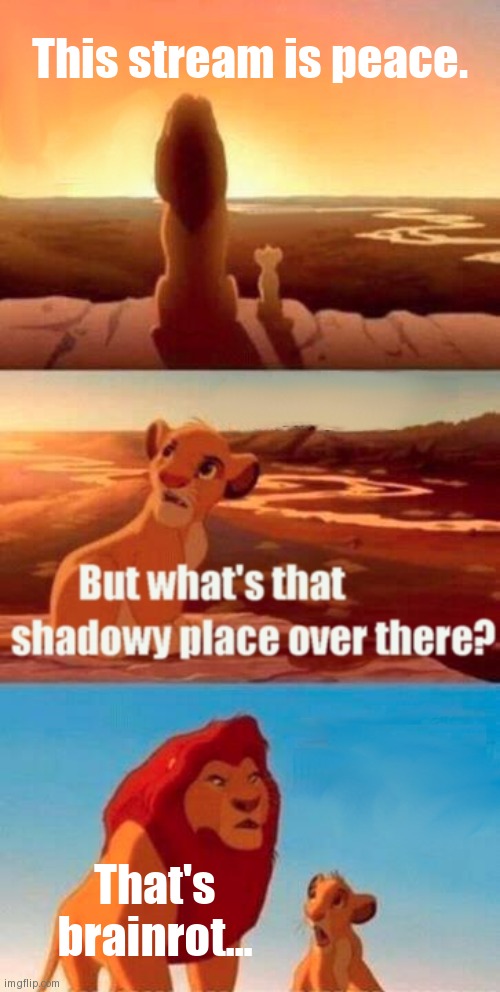 Simba Shadowy Place | This stream is peace. That's brainrot... | image tagged in memes,simba shadowy place | made w/ Imgflip meme maker
