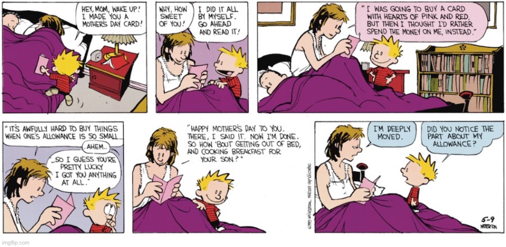 Calvin & Hobbes - Mother’s Day! | image tagged in comics,calvin and hobbes,mothers day,cars,thoughtful,breakfast | made w/ Imgflip meme maker