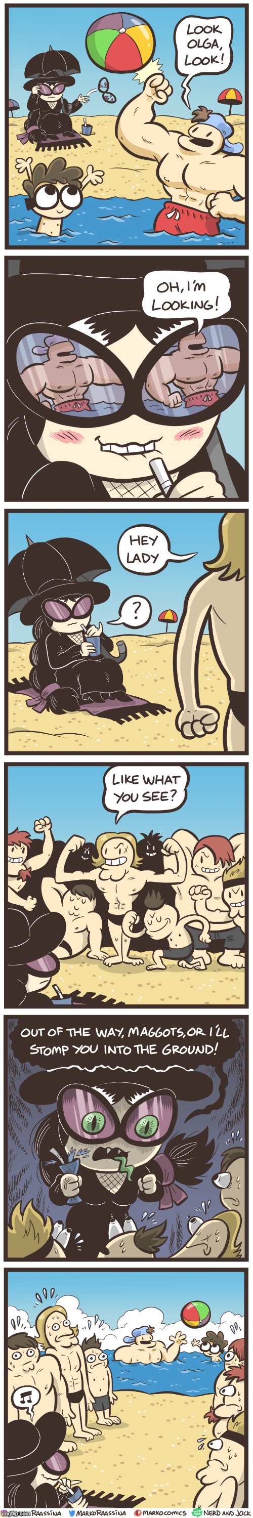 image tagged in nerd,jock,olga,beach,jerks,scared | made w/ Imgflip meme maker