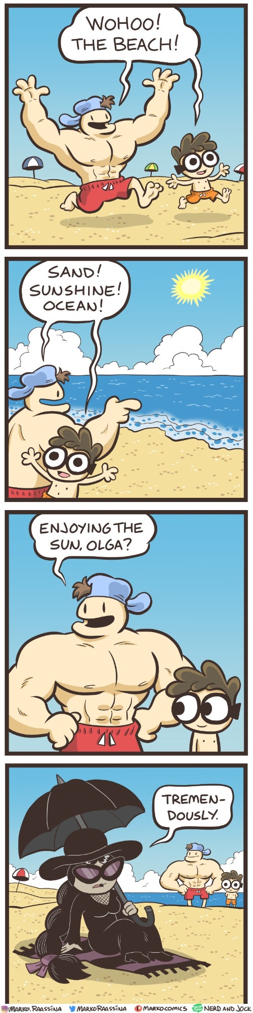 Nerd & Jock returns to the stream! | image tagged in nerd,jock,beach,olga,sun,oof | made w/ Imgflip meme maker
