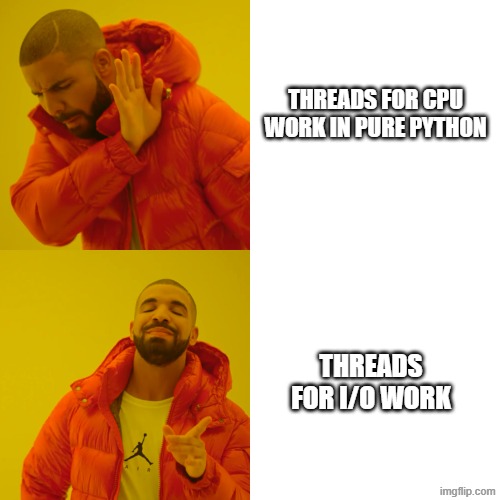 Python threads for CPU work Drake | threads for CPU work in pure Python; threads for I/O work | image tagged in drake no/yes high resolution | made w/ Imgflip meme maker