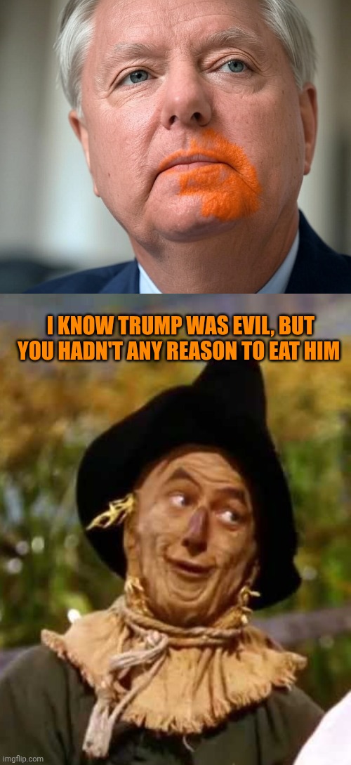 Did Linsey Graham ate Trump? | I know trump was evil, but you hadn't any reason to eat him | image tagged in linsey graham orange lips trump,wizard of oz scarecrow | made w/ Imgflip meme maker