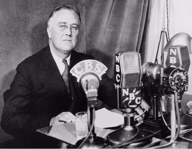 FDR at desk with microphones Blank Meme Template
