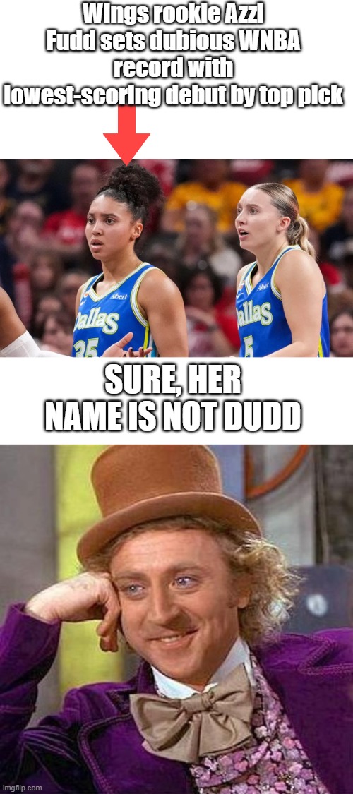Wings rookie Azzi Fudd sets dubious WNBA record with lowest-scoring debut by top pick; Sure, her name is not Dudd | image tagged in memes,creepy condescending wonka | made w/ Imgflip meme maker