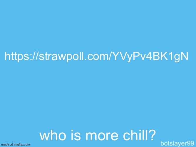 https://strawpoll.com/YVyPv4BK1gN | https://strawpoll.com/YVyPv4BK1gN; who is more chill? | image tagged in botslayer announcement temp | made w/ Imgflip meme maker