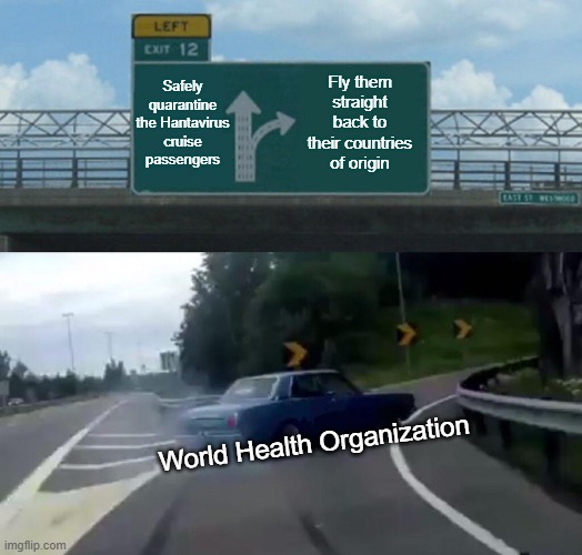Low risk to the public? Whatever you say, Tedros. | Safely quarantine the Hantavirus cruise passengers; Fly them straight back to their countries of origin; World Health Organization | image tagged in memes,left exit 12 off ramp,hantavirus,virus,covid,coronavirus | made w/ Imgflip meme maker
