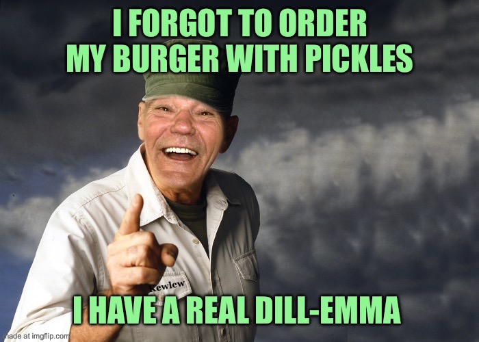 kewlew | I forgot to order my burger with pickles I have a real dill-emma | image tagged in kewlew | made w/ Imgflip meme maker