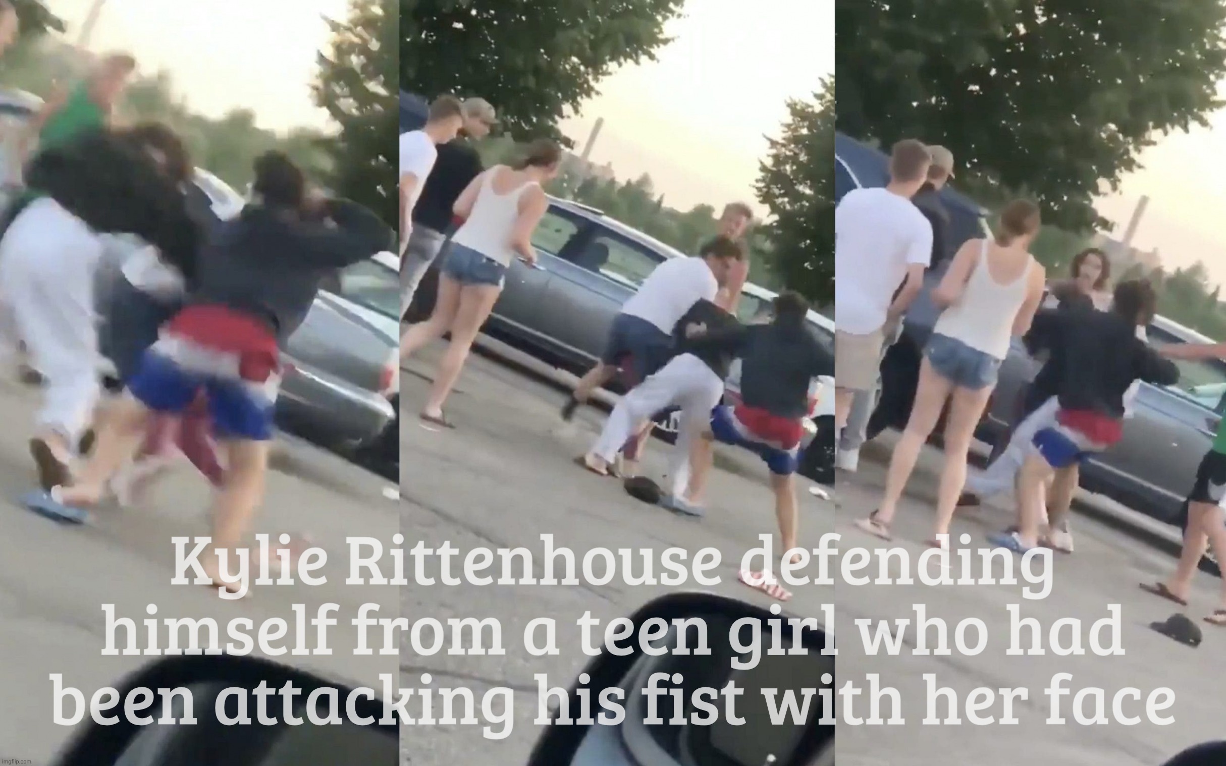 Rittenhouse fight girl | Kylie Rittenhouse defending himself from a teen girl who had been attacking his fist with her face | image tagged in rittenhouse fight girl | made w/ Imgflip meme maker