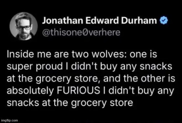 Good Wolf, Bad Wolf? | image tagged in shopping,snacks,it is hard to argue with his assessment | made w/ Imgflip meme maker