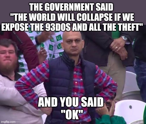 The government said 
"the world will collapse if we expose the 93d0s and all the theft"; And you said
 "ok" | image tagged in 3mkotw jpg | made w/ Imgflip meme maker