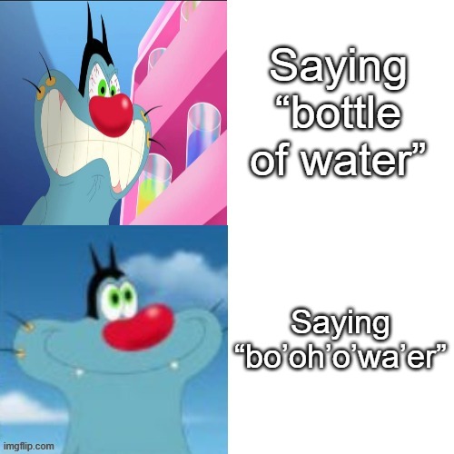 The Drake meme but it's Oggy/Me | Saying “bottle of water”; Saying “bo’oh’o’wa’er” | image tagged in the drake meme but it's oggy/me | made w/ Imgflip meme maker