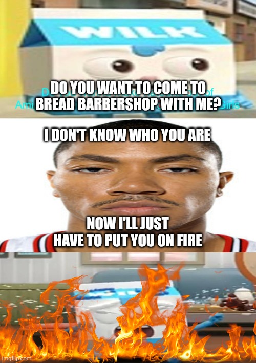 Derrick Rose strikes again! (Master Bread won't be really happy when he sees this) | Do you want to come to Bread Barbershop with me? I don't know who you are; Now I'll just have to put you on fire | image tagged in bread barbershop,fire,crying,shitpost,burn,burning | made w/ Imgflip meme maker