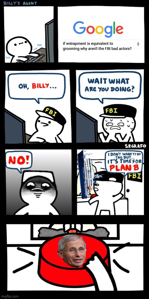Feds Behaving Irresponsibly | If entrapment is equivalent to grooming why aren't the FBI bad actors? | image tagged in billy s fbi agent plan b,hantavirus,covid-19,comedy central | made w/ Imgflip meme maker