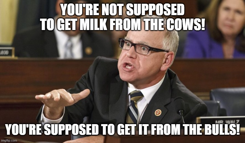 you're not supposed to get milk from the cows! You're supposed to get it from the bulls! | image tagged in tim walz | made w/ Imgflip meme maker