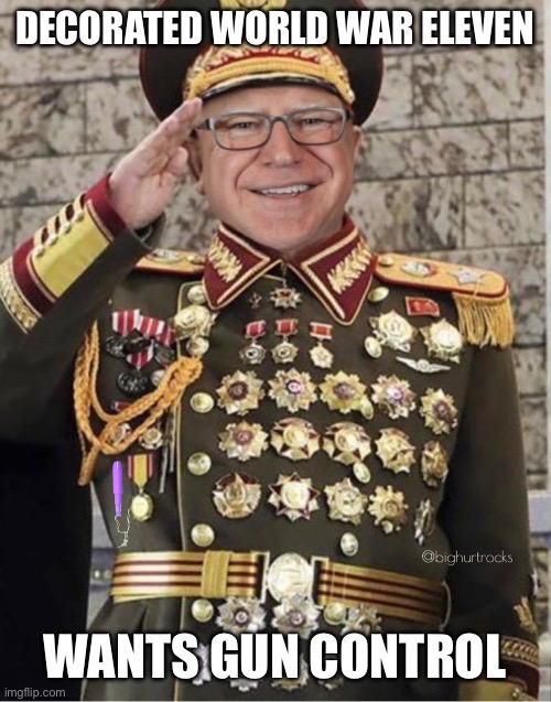 Tim Walz | Decorated World War Eleven; Wants gun control | image tagged in tim walz | made w/ Imgflip meme maker