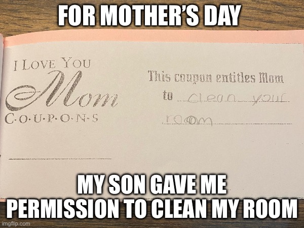 Laughter is priceless | For Mother’s Day; My son Gave me permission to clean my room | image tagged in happy mother's day | made w/ Imgflip meme maker