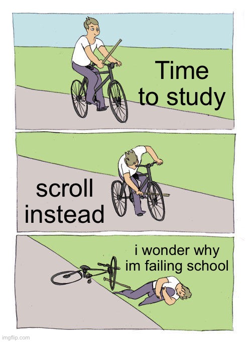 Damn what an amzing title | Time to study; scroll instead; i wonder why im failing school | image tagged in memes,bike fall | made w/ Imgflip meme maker
