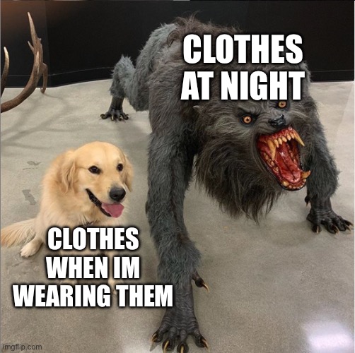 dog vs werewolf | Clothes at night; Clothes when im wearing them | image tagged in dog vs werewolf | made w/ Imgflip meme maker