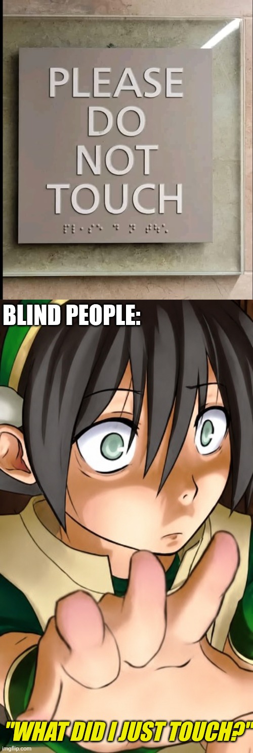 GOOD WORK WITH THE BRAILLE THERE | Blind people:; "what did I just touch?" | image tagged in braille,blind,avatar the last airbender,fail | made w/ Imgflip meme maker