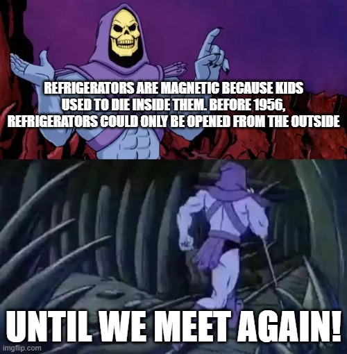 Skeletor says something then runs away | Refrigerators are magnetic because kids used to die inside them. Before 1956, refrigerators could only be opened from the outside; until we meet again! | image tagged in skeletor says something then runs away | made w/ Imgflip meme maker