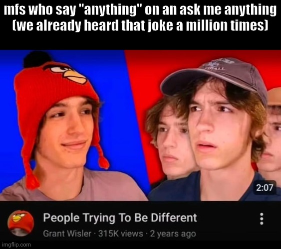 People trying to be different | mfs who say "anything" on an ask me anything (we already heard that joke a million times) | image tagged in people trying to be different | made w/ Imgflip meme maker