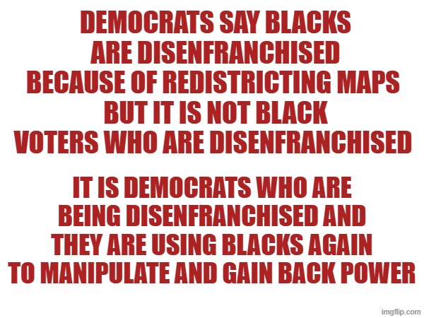 democrats are being disenfranchised | democrats say blacks are disenfranchised because of redistricting maps 
but it is not black voters who are disenfranchised; It is democrats who are being disenfranchised and they are using blacks again to manipulate and gain back power | made w/ Imgflip meme maker