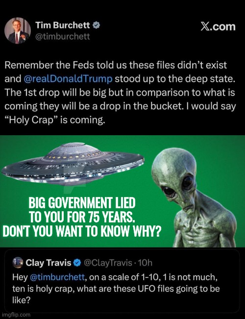 Big Government lied to you for 75 years. See why? | Big Government lied to you for 75 years. Don't you want to know why? | image tagged in alien,ufos,government,cover up | made w/ Imgflip meme maker