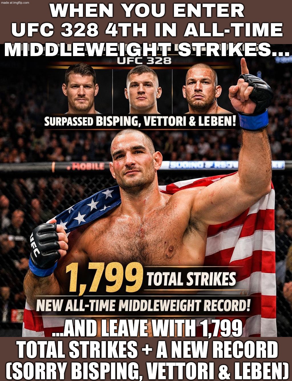 TWO-TIME 185 LB CHAMPION…; …AND NOW UFC MIDDLEWEIGHT STRIKE KING: 1,799 TOTAL STRIKES | WHEN YOU ENTER UFC 328 4TH IN ALL-TIME MIDDLEWEIGHT STRIKES…; …AND LEAVE WITH 1,799 TOTAL STRIKES + A NEW RECORD (SORRY BISPING, VETTORI & LEBEN) | image tagged in sean strickland,record,ufc,fighting,martial arts,sports | made w/ Imgflip meme maker