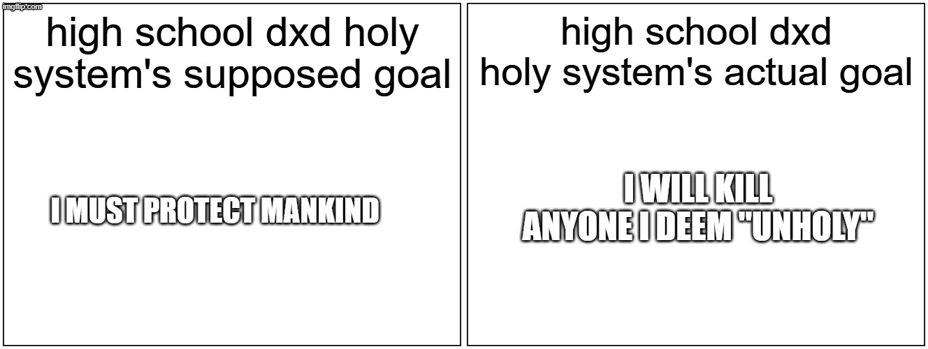 The dangerous holiness is a concern ignored in the highschool dxd verse. That makes the heavenly system a karma houdini | high school dxd holy system's supposed goal; high school dxd holy system's actual goal; I will kill anyone I deem "unholy"; I must protect mankind | image tagged in memes,blank comic panel 2x1,highschool dxd,high school dxd,anime,manga | made w/ Imgflip meme maker
