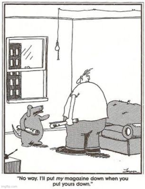 It seems that they’ve reached a stalemate… | image tagged in the far side,comics,dog,magazines,stalemate,put it down | made w/ Imgflip meme maker